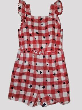 CAT & JACK Red Checked Star Print Cut Out Back Short Sunsuit Romper Girls 2T